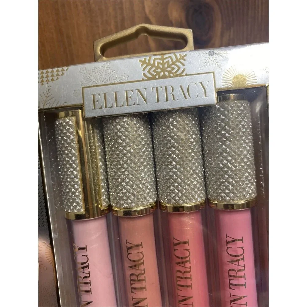 Ellen Tracy Lip Gloss Set 4pc‎ Each 0.10oz NIB Winter Pinks Snowflakes Diamonds